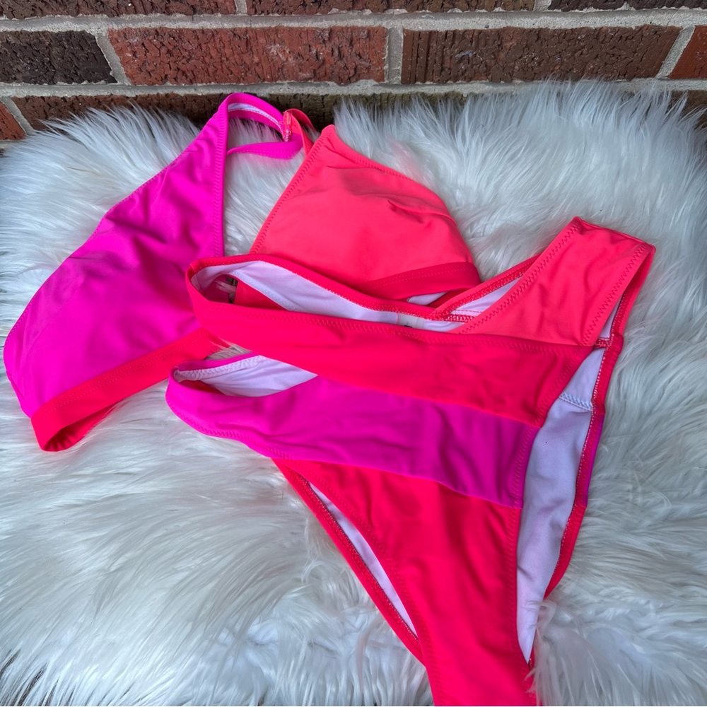 Zaful Hot Pink and Hot Coral Asymmetrical Side Cut Out High Cut Bikini